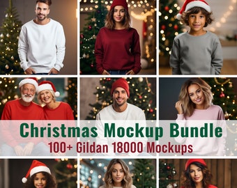 May include: A collection of nine photographs featuring different people wearing a variety of coloured sweatshirts in front of a Christmas tree backdrop. The text "Christmas Mockup Bundle 100+ Gildan 18000 Mockups" is displayed across the bottom of the image.