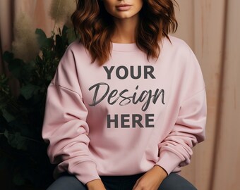 Pink Gildan 18000 Mockup, Gildan Pink Sweatshirt Mockup, Sweatshirt Model Mockup, Heavy Blend Sweater, Oversized Sweater Mockup