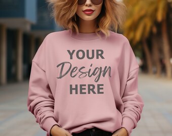 Gildan 18000 Mockup, Gildan Pink Sweatshirt Mockup, Sweatshirt Model Mockup, Boho Pink Gildan Crewneck Mockup, Oversized Gildan Mockup