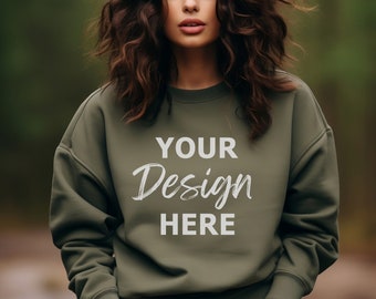 Military Green Gildan 18000 Mockup, Gildan Green Sweatshirt Mockup, Sweatshirt Model Mockup, Heavy Blend Sweater, Oversized Sweater Mockup
