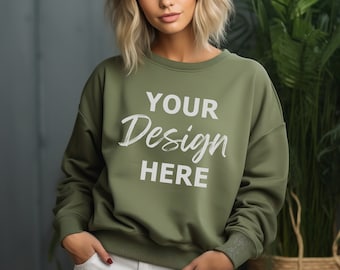 Military Green Gildan 18000 Mockup, Military Green Crewneck Sweatshirt Mockup, Boho Modern Mockup, Gildan Crewneck Military Green Mockup