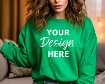 Gildan 18000 Irish Green Mockup, Gildan Irish Green Sweatshirt Mockup, Sweatshirt Woman Model Mockup, Irish Green Oversized Crewneck Mockup
