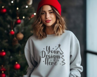 Gildan 18000 Mockup, Sport Gray Sweatshirt Christmas Mockup, Christmas Model Mockup, Xmas Heavy Blend Sweater, Gray Oversized Sweater Mockup