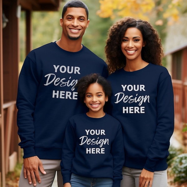 Gildan 18000 Mockup Family Navy, Family Mockup Navy Sweatshirt, Sweatshirt Family Model Mockup, Family Group Crewneck Mockup