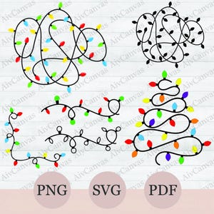 May include: A selection of Christmas light designs in different arrangements. The lights are in red, green, blue, and yellow. The image also includes the text "PNG", "SVG", and "PDF".