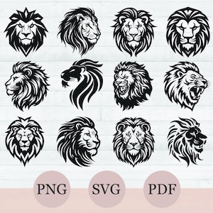 ライオンの頭の SVG バンドル、ライオンの SVG、ライオンのクリップアート、キングライオンのシルエット PNG、吠えるライオンの頭の SVG