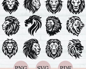 Lion Head SVG Bundle, Lions SVG, Clipart Lion, Sylwetka Króla Lwa Png, Rycząca Głowa Lwa SVG