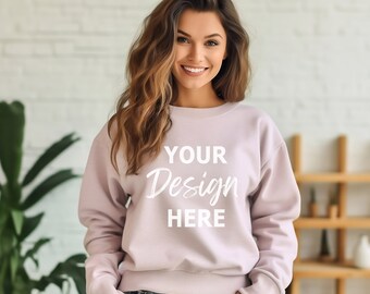 Gildan 18000 Light Pink Mockup, Gildan Light Pink Sweatshirt Mockup, Sweatshirt Woman Model Mockup, Pink Gildan Oversized Crewneck Mockups