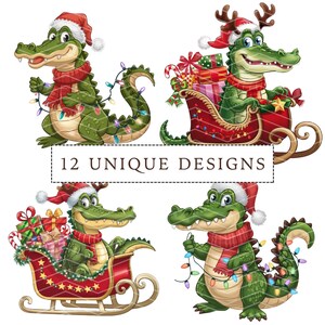Christmas Crocodile Clipart Bundle, 12 Crocodile Png Bundle, Christmas Alligator Clipart, Digital Download, Illustrations for Cards & Crafts image 3