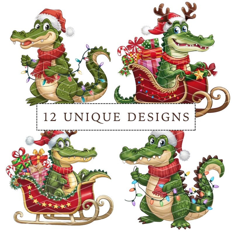 Christmas Crocodile Clipart Bundle, 12 Crocodile Png Bundle, Christmas Alligator Clipart, Digital Download, Illustrations for Cards & Crafts image 3