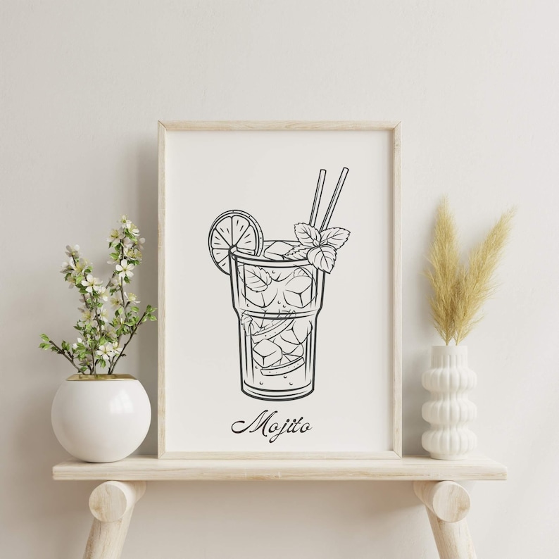 Line Drawing Raspberry Mojito Hand Drawn Cocktail Illustrations, 18 Classic Cocktails SVG, Signature ...