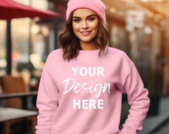 Gildan 18000 Pink Mockup, Gildan Pink Sweatshirt Mockup, Sweatshirt Woman Model Mockup, Pink Gildan Oversized Crewneck Mockup
