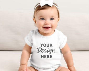 Infant Romper Mockup, Baby Bodysuit Mockup, White Onesie Baby Mockup, Baby Bodysuit Stock Photo, Baby Girl Model With Ribbon
