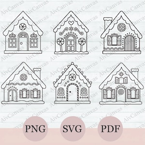 May include: Set of four black and white outline illustrations of gingerbread houses. Each house has a unique design with candy cane accents, frosting, and windows.