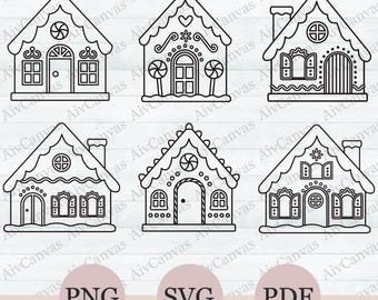 Gingerbread House SVG Bundle, 6 Gingerbread Outline Clipart, Christmas Gingerbread Decor, House Silhouette Cookies Cut File