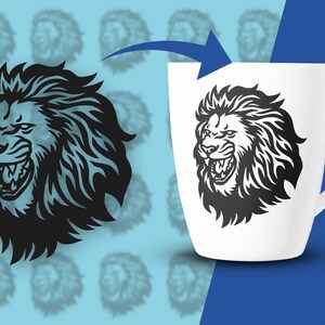 May include: A white ceramic mug featuring a black and white illustration of a roaring lion's head. The lion's mane is detailed and the mug has a handle.