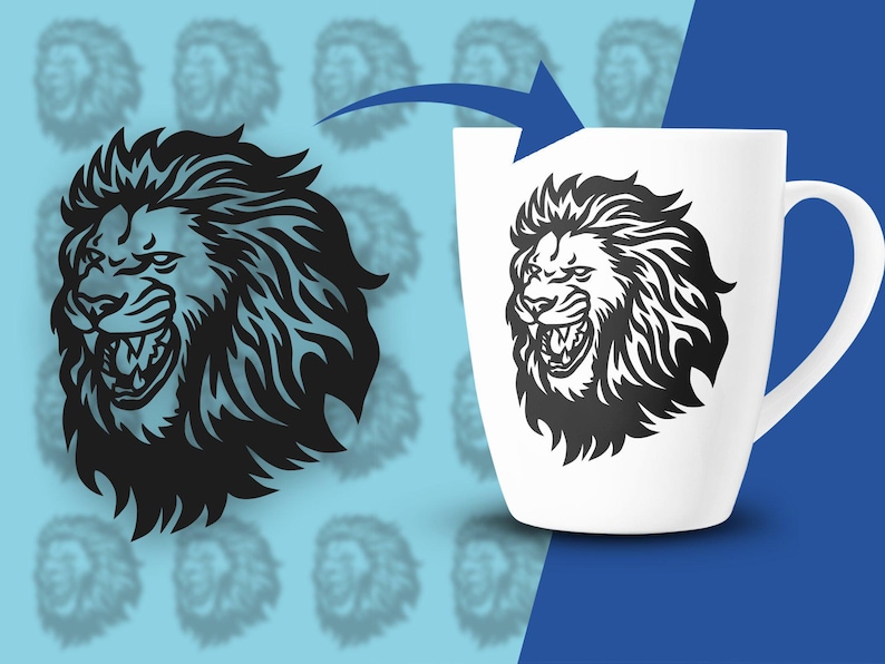 May include: A white ceramic mug featuring a black and white illustration of a roaring lion's head. The lion's mane is detailed and the mug has a handle.