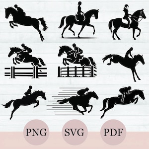 馬術 SVG バンドル、乗馬 SVG、馬のジャンプ SVG、9 つのショージャンプ SVG PNG、馬のジャンプフェンス、馬術のシルエット