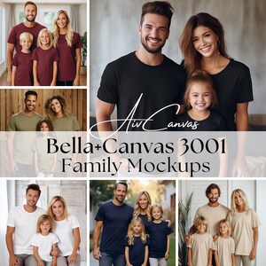 May include: A collage of photos featuring families wearing plain t-shirts in various colors. The photos are arranged in a grid pattern and the text "Bella+Canvas 3001 Family Mockups" is displayed in the center.