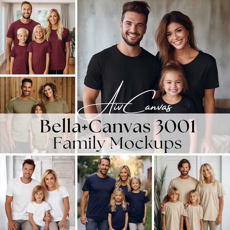 May include: A collage of photos featuring families wearing plain t-shirts in various colors. The photos are arranged in a grid pattern and the text "Bella+Canvas 3001 Family Mockups" is displayed in the center.