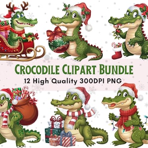Christmas Crocodile Clipart Bundle, 12 Crocodile Png Bundle, Christmas Alligator Clipart, Digital Download, Illustrations for Cards & Crafts