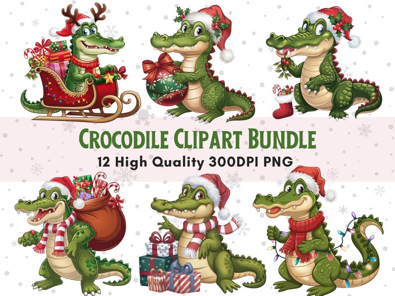 Christmas Crocodile Clipart Bundle, 12 Crocodile Png Bundle, Christmas Alligator Clipart, Digital Download, Illustrations for Cards & Crafts image 1
