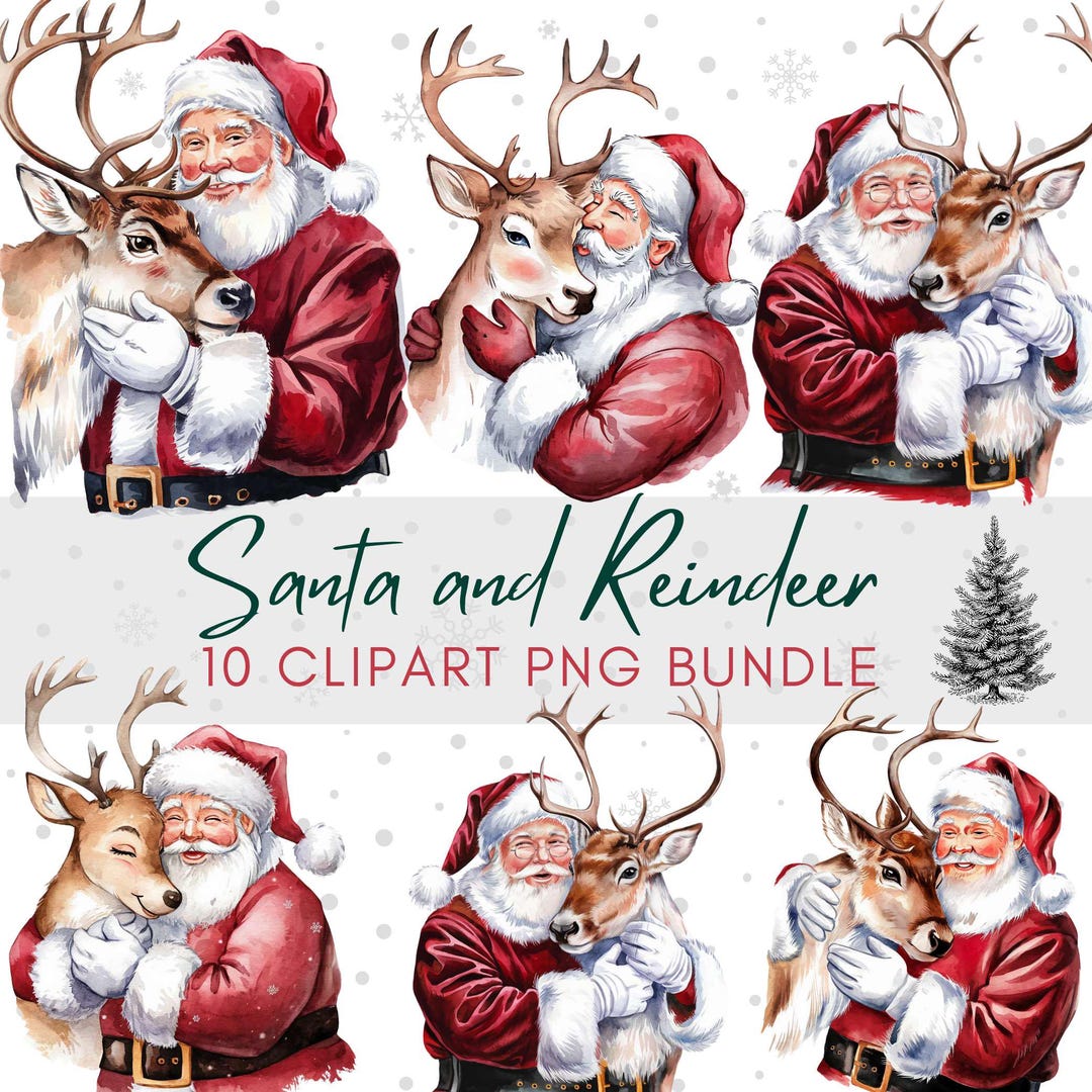 Santa Claus and Reindeer Christmas Clipart, Watercolor Santa Reindeer ...