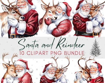 Jultomten och renar jul Clipart, akvarell jultomten renar png-paket, jultomten jultryck, utskrivbar clipart