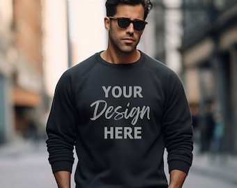 Gildan 18000 Zwart Mockup, Man Zwart Sweatshirt Mockup, Mannelijk Sweatshirt Model Mockup, Heavy Blend Crewneck, Buitenshuis Mannelijk Model Mocks
