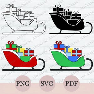 Père Noël traîneau SVG Bundle, traîneau PNG Clipart, traîneau de Noël avec vecteur de cadeaux, couper fichier pour Silhouette SVG
