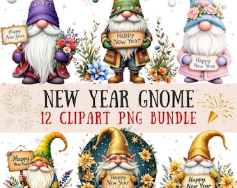 May include: Twelve digital clipart images of gnomes wearing festive hats and holding signs that say "Happy New Year". The gnomes are surrounded by flowers and snowflakes.
