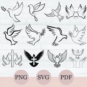 May include: A set of 12 black and white dove silhouette SVG cut files. The doves are in various poses, including flying, perched, and holding olive branches. The files are perfect for creating personalized crafts, home decor, and more.
