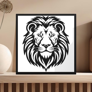 May include: Black and white illustration of a lion's head with a thick mane. The lion is looking directly at the viewer.