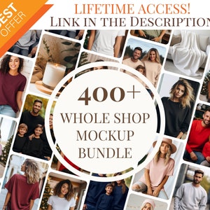 Op de afbeelding: Een collage van afbeeldingen met verschillende mensen die verschillende gekleurde T-shirts en sweatshirts dragen. In het midden van de collage staat een cirkel met de tekst "400+ WHOLE SHOP MOCKUP BUNDLE".