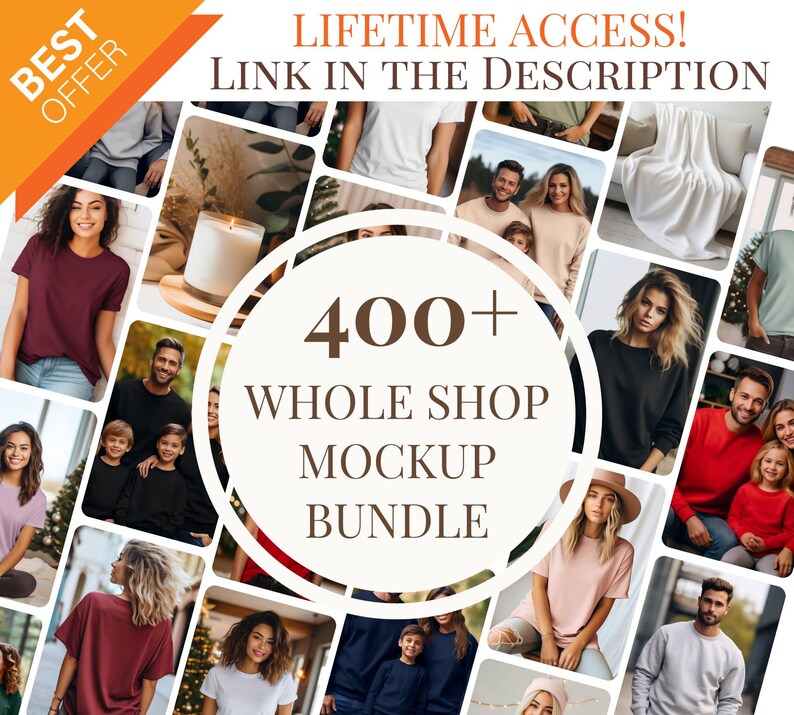 Op de afbeelding: Een collage van afbeeldingen met verschillende mensen die verschillende gekleurde T-shirts en sweatshirts dragen. In het midden van de collage staat een cirkel met de tekst "400+ WHOLE SHOP MOCKUP BUNDLE".