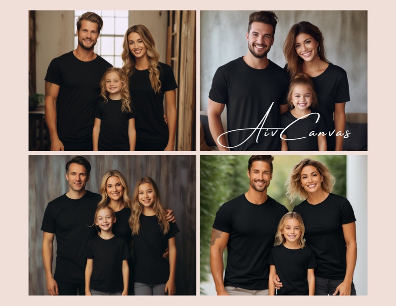Op de afbeelding: Een gezin van vier personen draagt zwarte T-shirts. De ouders staan in het midden, met hun twee kinderen voor hen. Het gezin poseert voor een foto voor een houten muur.