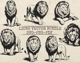 Lion Vector SVG Bundle, 15 Lion Clipart Illustration, Lion Png, Lion Heads Svg, Roaring Lion Svg, Lion Cut File, Lion King Silhouette