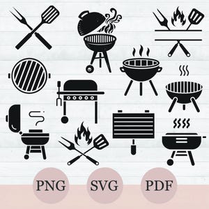 May include: A set of 10 black and white SVG cut files featuring various grill designs. The designs include a grill with a lid, a grill with a fire, a grill with a spatula, a grill with a fork, and a grill with a grate. The files are perfect for creating custom iron-on transfers, vinyl decals, and other crafts.