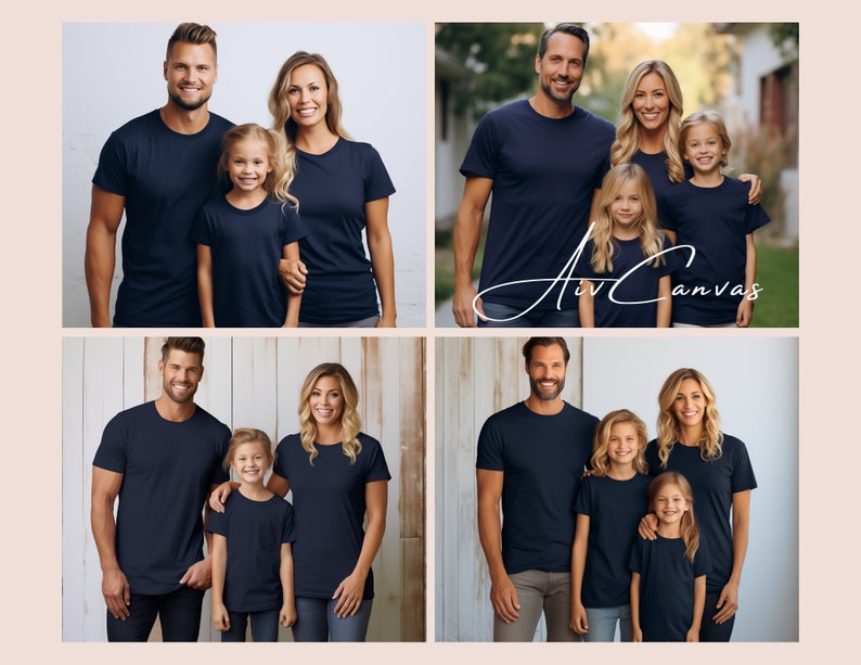Op de afbeelding: Vier personen dragen bijpassende donkerblauwe T-shirts. Twee volwassenen en twee kinderen staan voor een achtergrond van houten panelen. De volwassenen houden de handen van de kinderen vast.