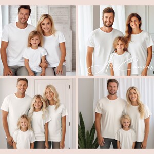 Op de afbeelding: Vier personen, twee volwassenen en twee kinderen, dragen witte T-shirts. Het gezin staat voor een witte muur met een raam erachter. De volwassenen lachen en de kinderen kijken naar de camera.