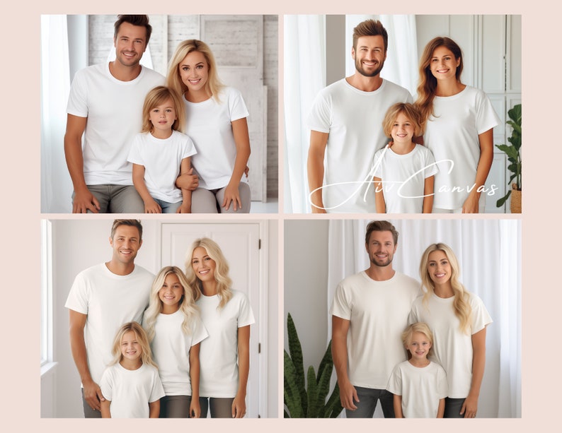 Op de afbeelding: Vier personen, twee volwassenen en twee kinderen, dragen witte T-shirts. Het gezin staat voor een witte muur met een raam erachter. De volwassenen lachen en de kinderen kijken naar de camera.