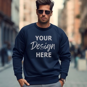 Gildan 18000 Navy Mockup, Man Navy Blue Sweatshirt Mockup, Male Sweatshirt Model Mockup, Heavy Blend Crewneck, Outdoors Male Model Mocks