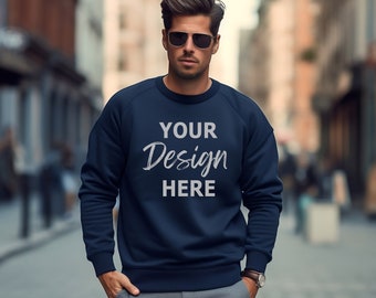 Gildan 18000 Navy Mockup, Man Navy Blue Sweatshirt Mockup, Male Sweatshirt Model Mockup, Heavy Blend Crewneck, Outdoors Male Model Mocks