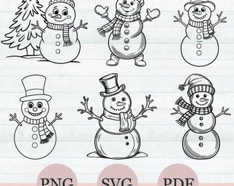 Weihnachten Schneemann SVG Bundle, Schneemann Clipart Png, 6 Winter Weihnachten Schneemann Umriss Designs, Schnittdateien für Cricut