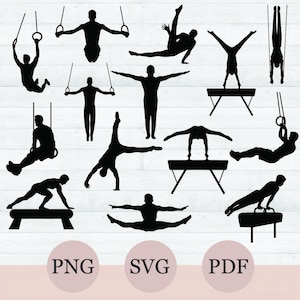Pakiet SVG Gimnastyki Męskiej, Sylwetka Gimnastyki Męskiej, 14 Gimnastyków Pliki SVG, Plik Cięcia Gimnastyki, Równoległe Poręcze Kółka Pommel Horse SVG