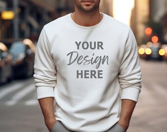 Gildan 18000 White Mockup, Man White Sweatshirt Mockup, Male Sweatshirt Model Mockup, Heavy Blend Crewneck, Outdoors Male Model Mocks
