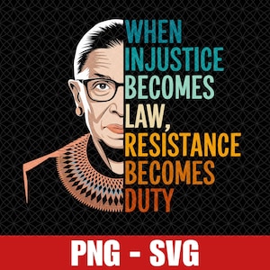 Pode incluir: Uma ilustração digital de Ruth Bader Ginsburg com a citação "Quando a injustiça se torna lei, a resistência se torna um dever." A imagem está em um estilo retrô com um fundo preto e texto colorido.