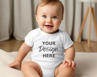 Infant Romper Mockup, Baby Bodysuit Stock Photo, Baby Bodysuit Mockup, White Onesie Baby Mockup, Baby Model,  Cricut PNG Digital Download