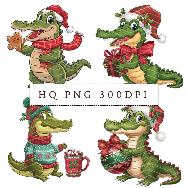 Christmas Crocodile Clipart Bundle, 12 Crocodile Png Bundle, Christmas Alligator Clipart, Digital Download, Illustrations for Cards & Crafts image 4