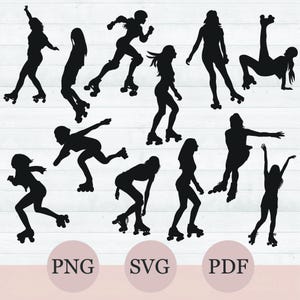 Puede incluir: Siluetas de personas patinando sobre ruedas. La imagen muestra 10 poses diferentes de personas patinando sobre ruedas. La imagen está en blanco y negro.